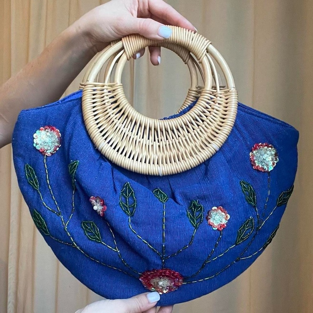 Vintage Boho Blue Purse with sequined and beaded flowers.